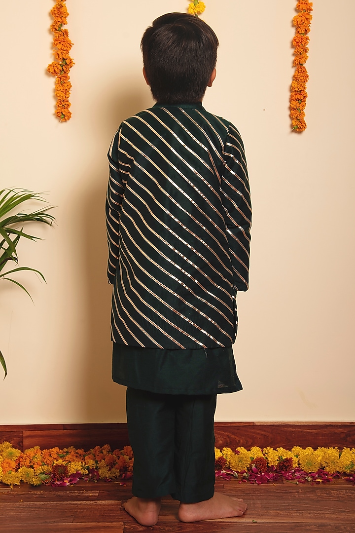 Dark Green Cotton Silk Lace Work Jacket Set For Boys by POMCHA at Pernia's Pop Up Shop