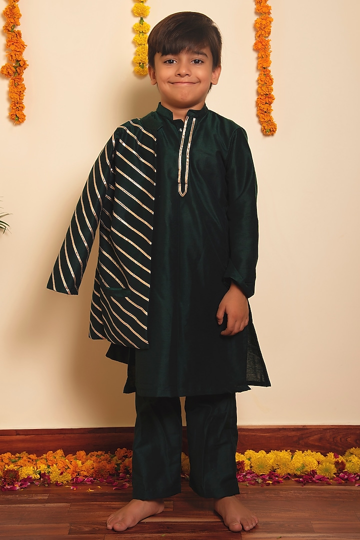 Dark Green Cotton Silk Lace Work Jacket Set For Boys by POMCHA at Pernia's Pop Up Shop