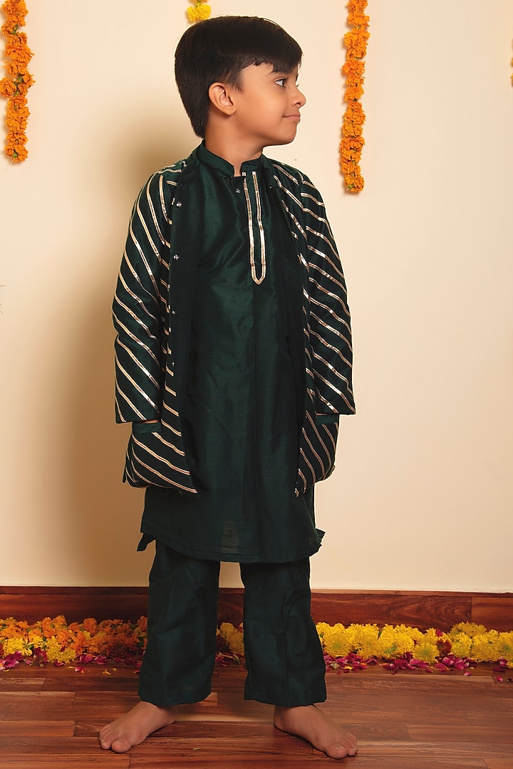 Dark Green Cotton Silk Lace Work Jacket Set For Boys by POMCHA at Pernia's Pop Up Shop
