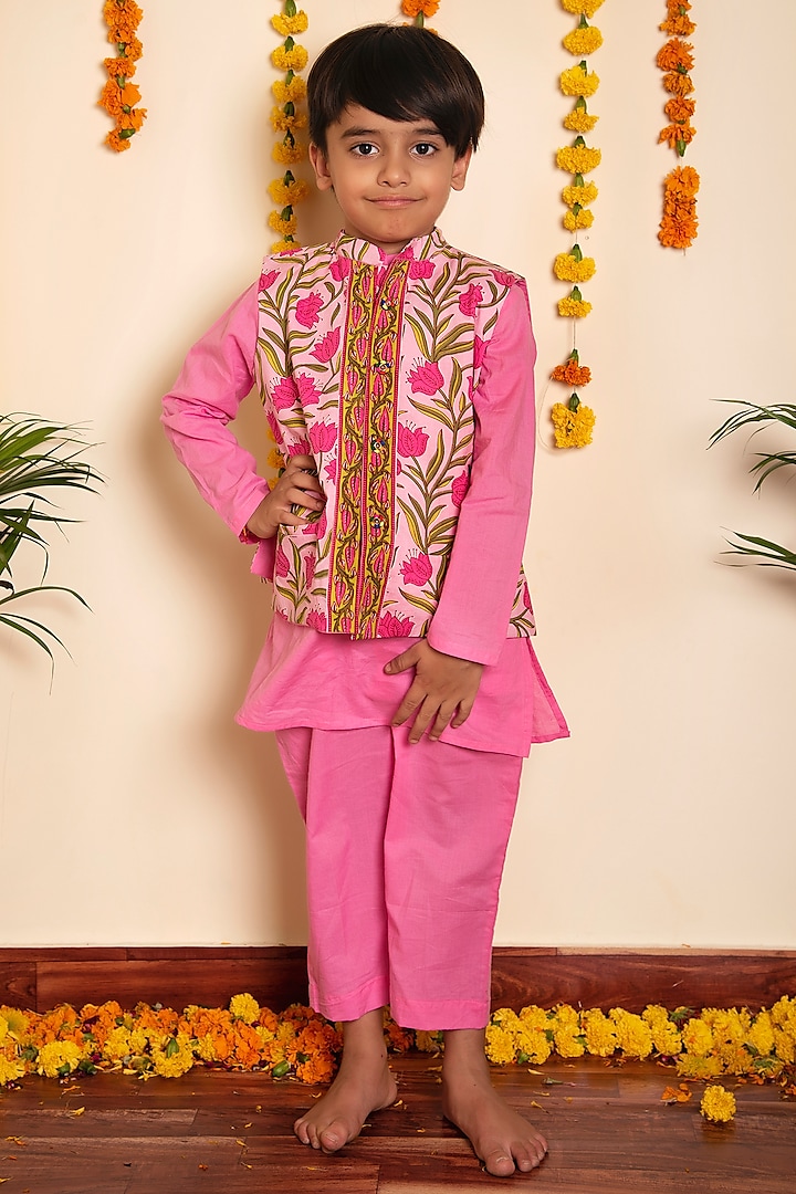 Pink Cotton Gota Lace Work Nehru Jacket Set For Boys by POMCHA