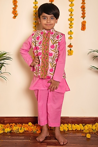 Pink Cotton Gota Lace Work Nehru Jacket Set For Boys by POMCHA