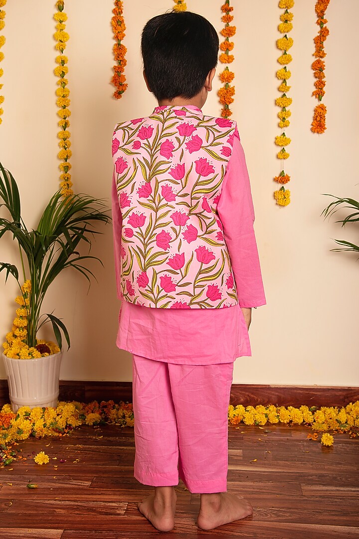 Pink Cotton Gota Lace Work Nehru Jacket Set For Boys by POMCHA at Pernia's Pop Up Shop
