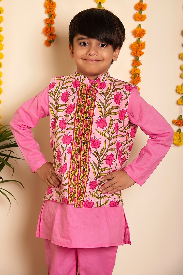 Pink Cotton Gota Lace Work Nehru Jacket Set For Boys by POMCHA at Pernia's Pop Up Shop