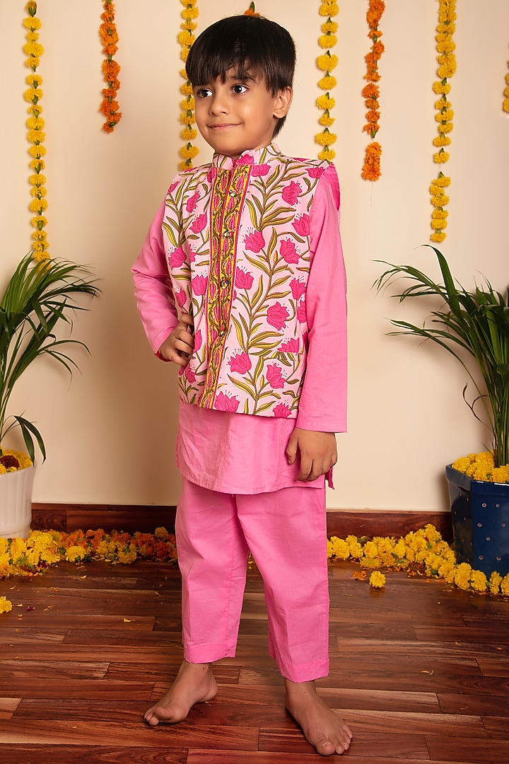 Pink Cotton Gota Lace Work Nehru Jacket Set For Boys by POMCHA at Pernia's Pop Up Shop