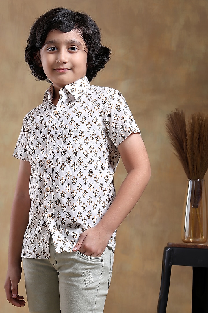 White Cotton Hand Block Printed Shirt For Boys by POMCHA