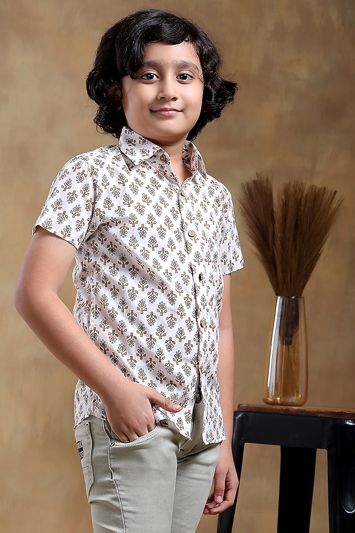 White Cotton Hand Block Printed Shirt For Boys by POMCHA at Pernia's Pop Up Shop