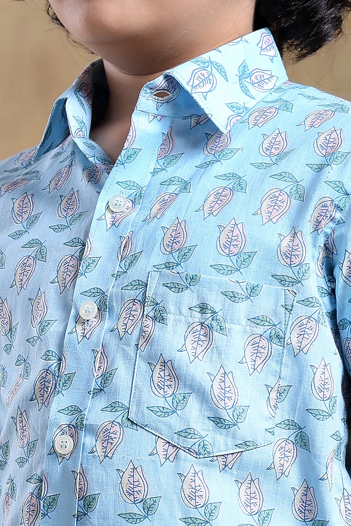 Blue Cotton Hand Block Printed Shirt For Boys by POMCHA at Pernia's Pop Up Shop