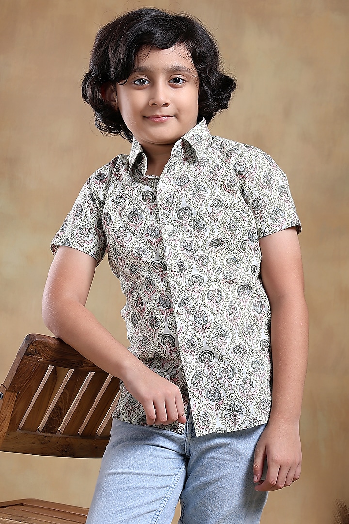 White Cotton Hand Block Printed Shirt For Boys by POMCHA