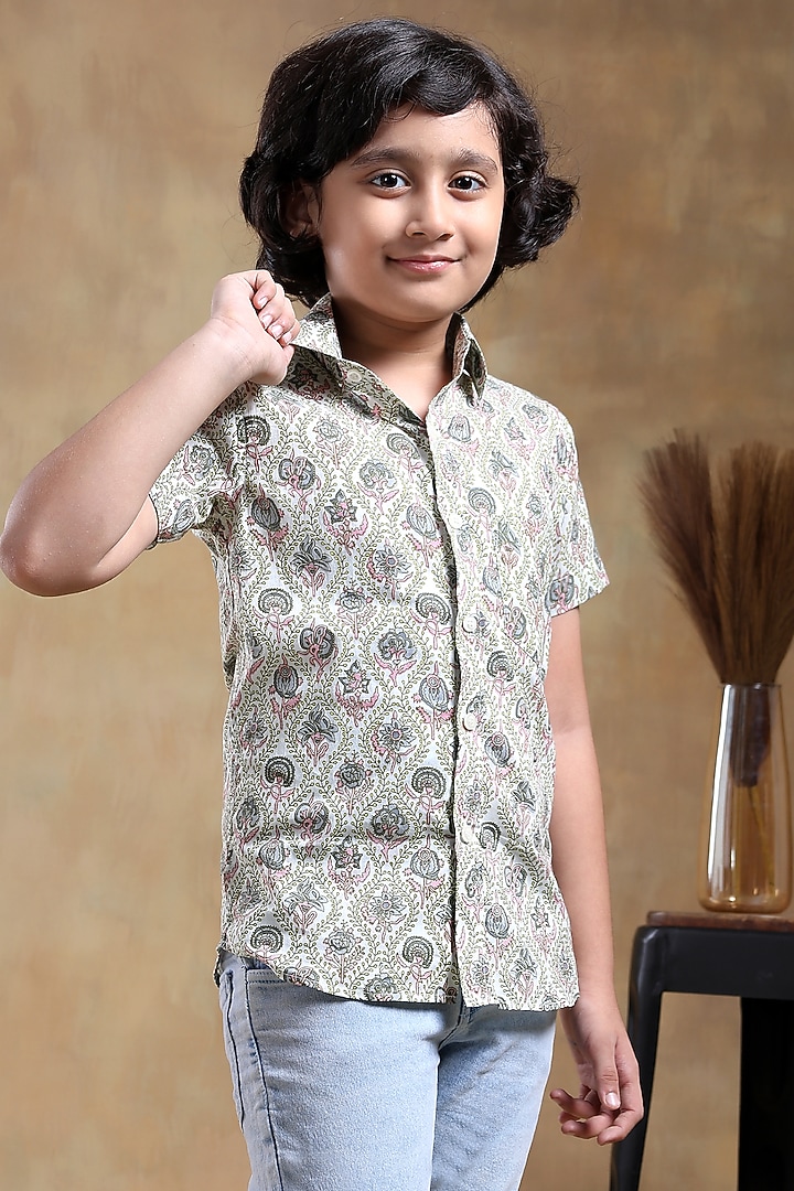 White Cotton Hand Block Printed Shirt For Boys by POMCHA at Pernia's Pop Up Shop