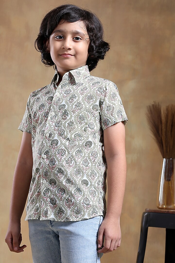 White Cotton Hand Block Printed Shirt For Boys by POMCHA at Pernia's Pop Up Shop