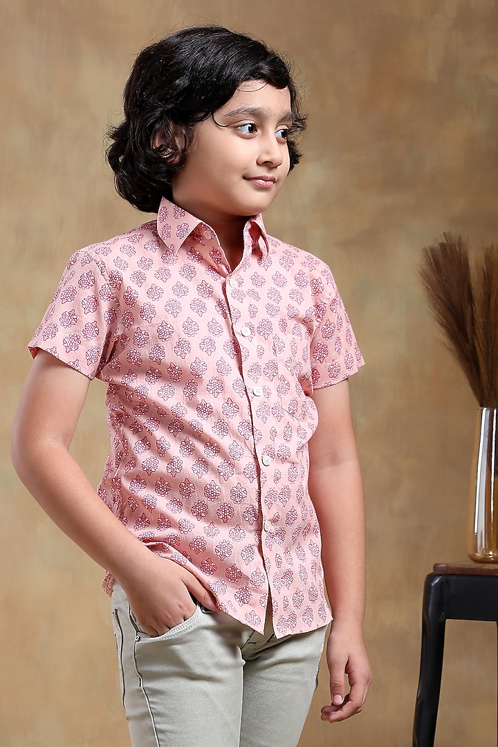 Pink Cotton Hand Block Printed Shirt For Boys by POMCHA at Pernia's Pop Up Shop