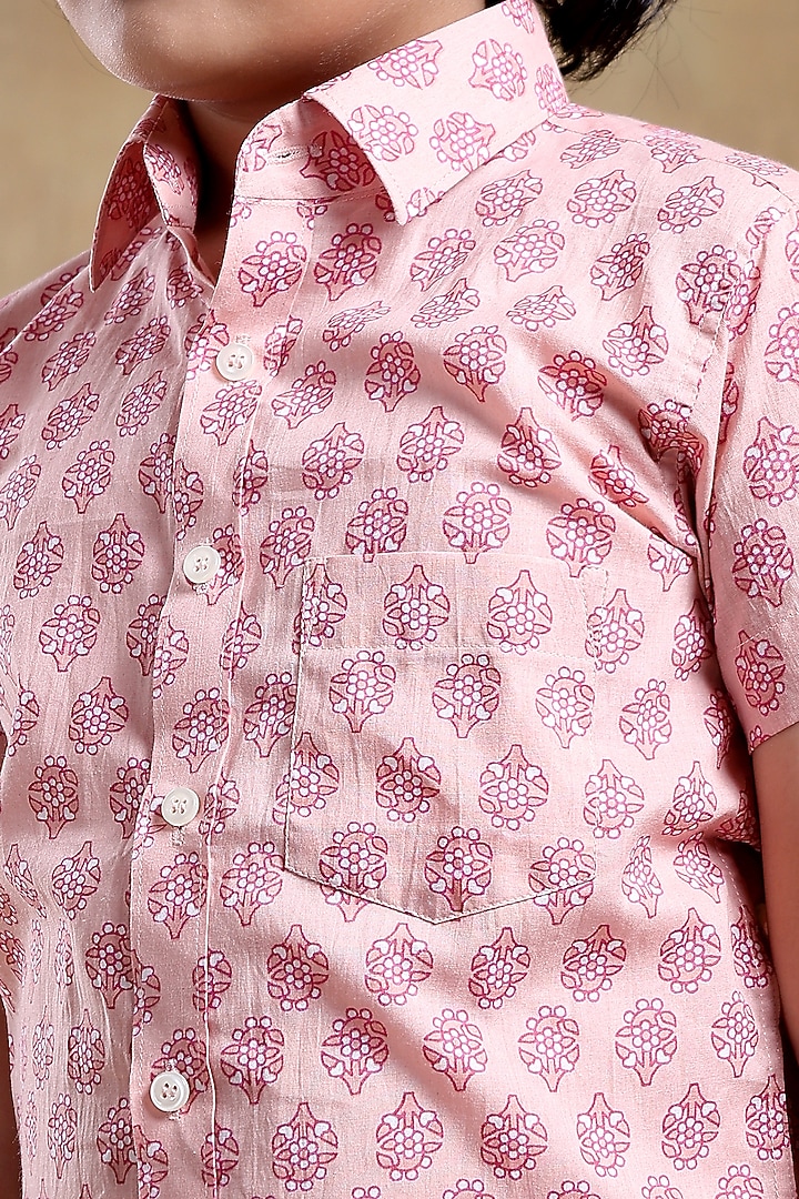 Pink Cotton Hand Block Printed Shirt For Boys by POMCHA at Pernia's Pop Up Shop
