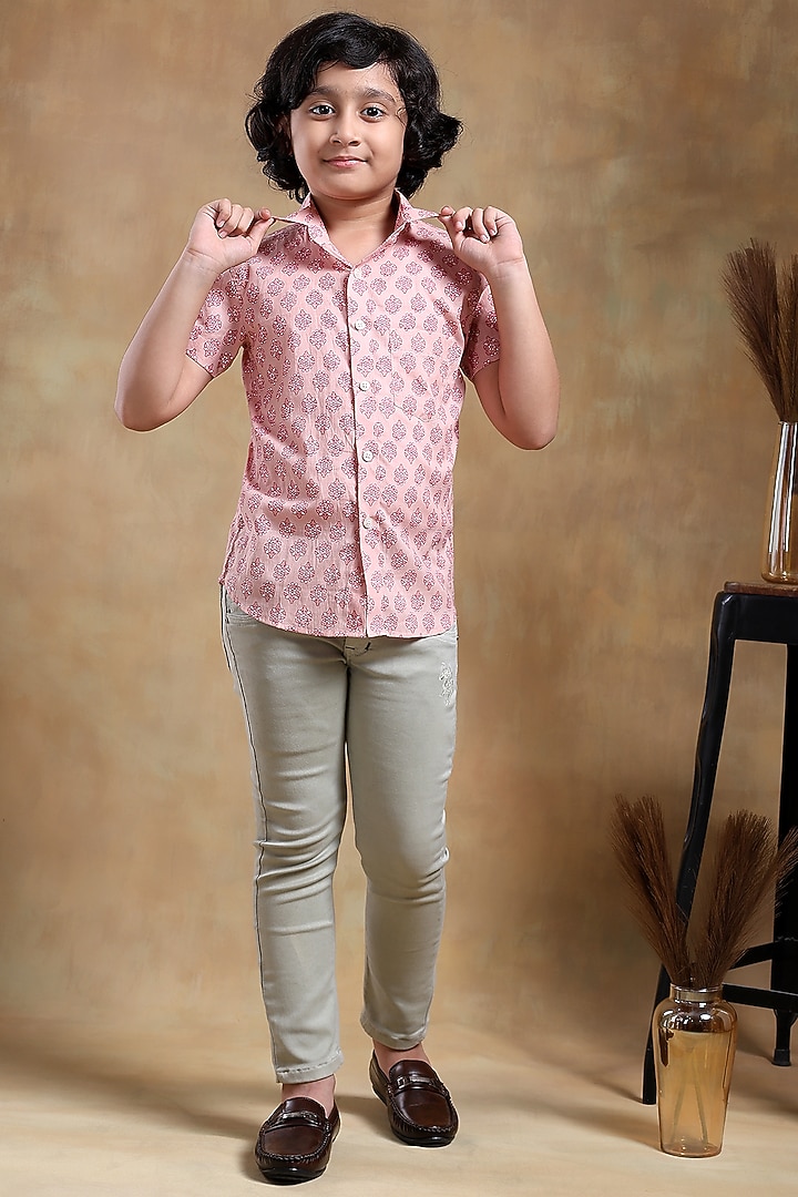 Pink Cotton Hand Block Printed Shirt For Boys by POMCHA at Pernia's Pop Up Shop