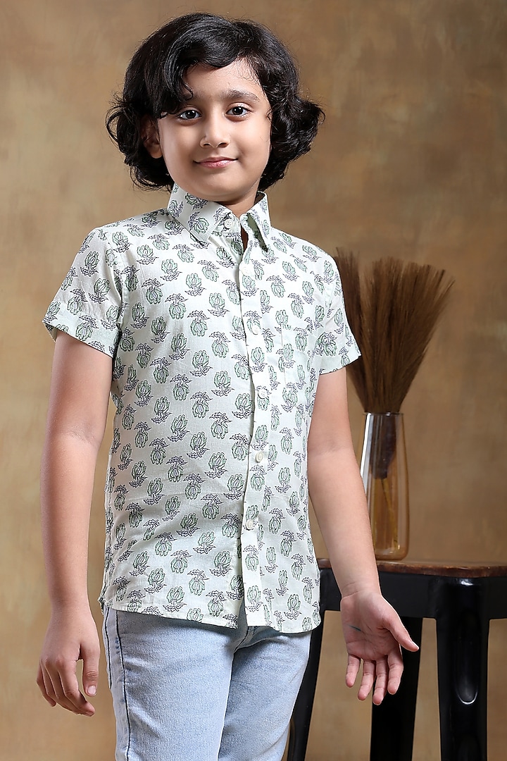 White Cotton Hand Block Printed Shirt For Boys by POMCHA