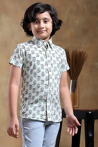 White Cotton Hand Block Printed Shirt For Boys by POMCHA