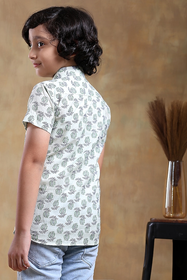 White Cotton Hand Block Printed Shirt For Boys by POMCHA at Pernia's Pop Up Shop