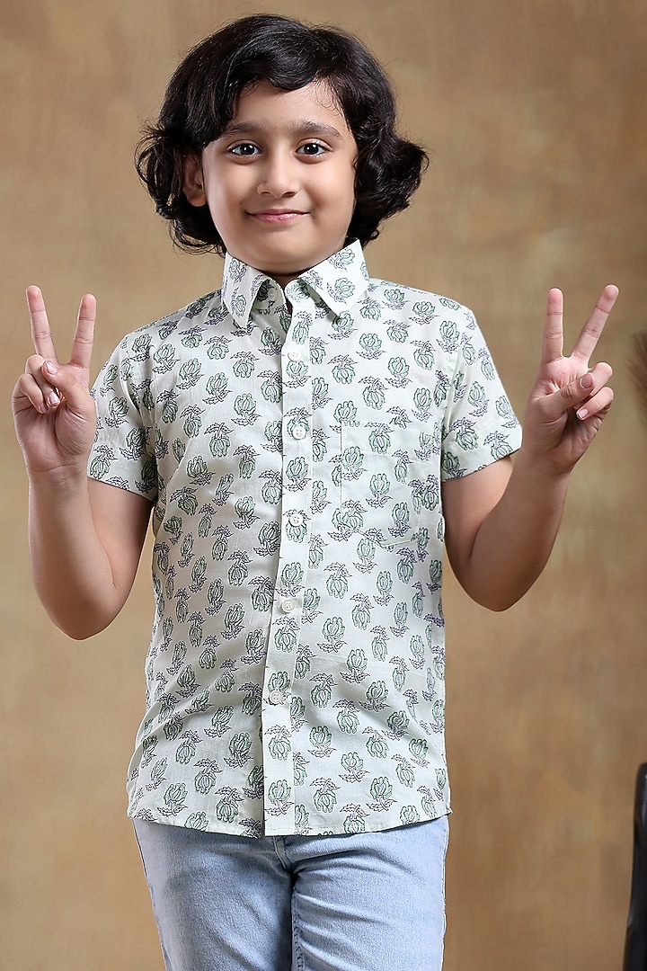 White Cotton Hand Block Printed Shirt For Boys by POMCHA at Pernia's Pop Up Shop