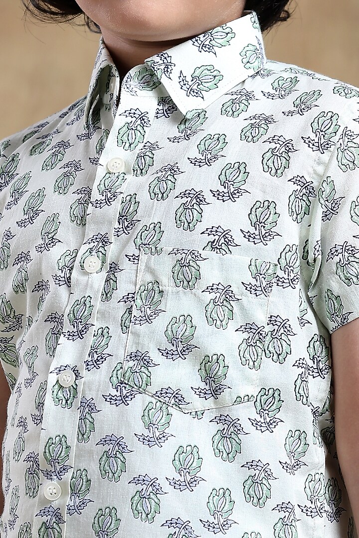White Cotton Hand Block Printed Shirt For Boys by POMCHA at Pernia's Pop Up Shop