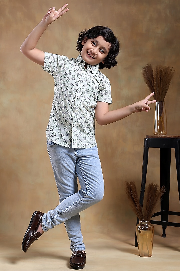 White Cotton Hand Block Printed Shirt For Boys by POMCHA at Pernia's Pop Up Shop