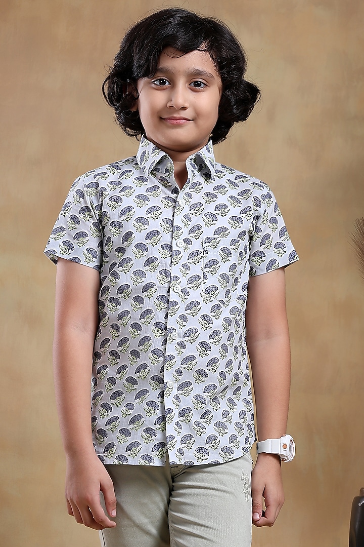 White Cotton Hand Block Printed Shirt For Boys by POMCHA