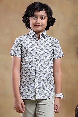 White Cotton Hand Block Printed Shirt For Boys by POMCHA