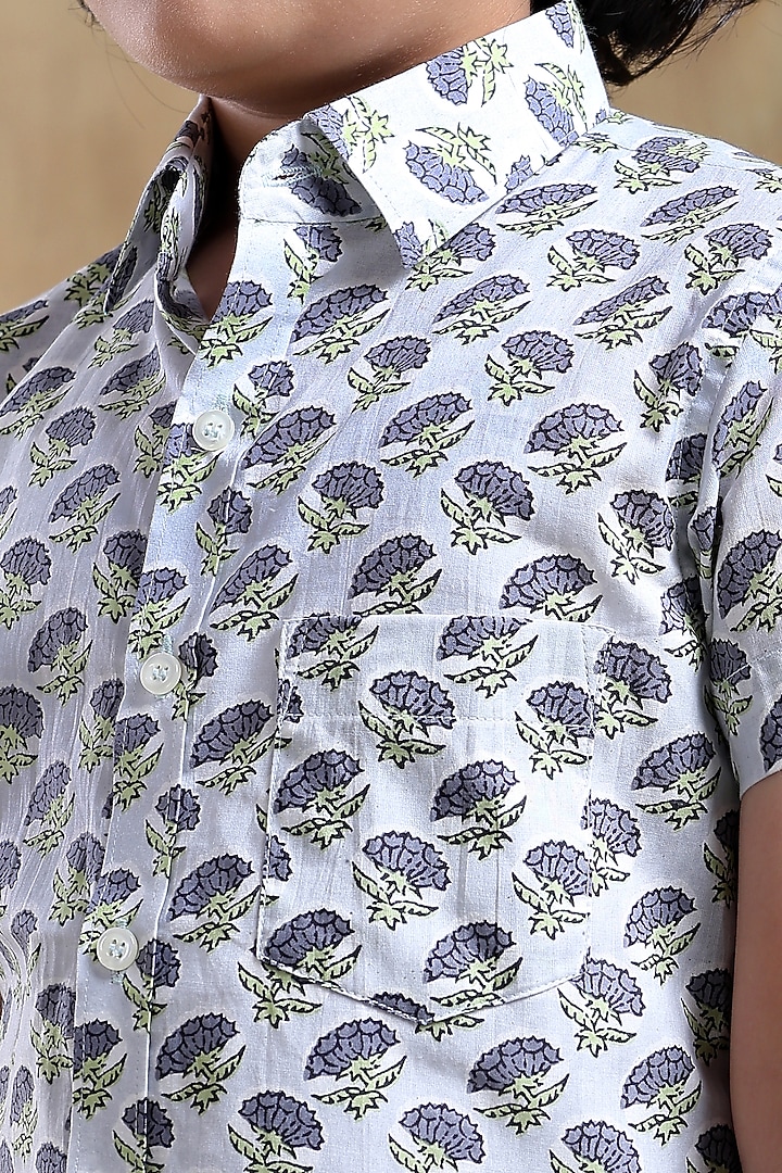 White Cotton Hand Block Printed Shirt For Boys by POMCHA at Pernia's Pop Up Shop