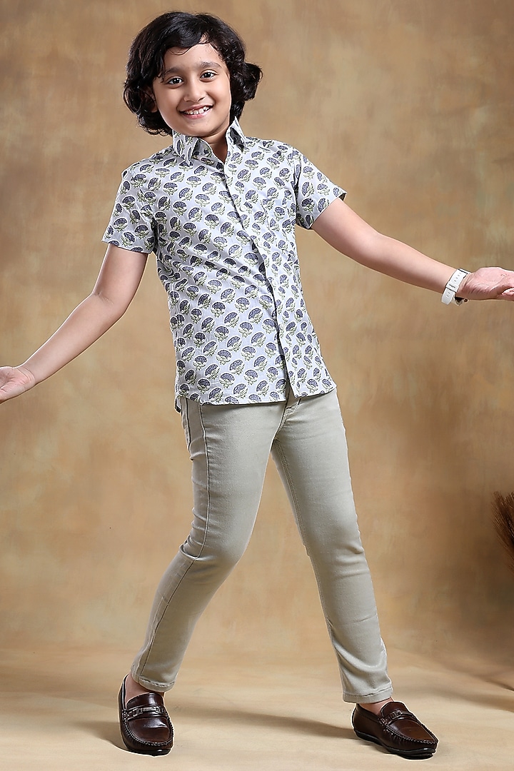 White Cotton Hand Block Printed Shirt For Boys by POMCHA at Pernia's Pop Up Shop