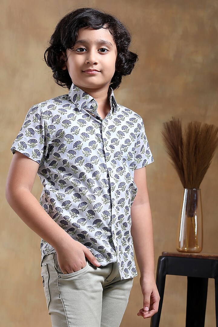 White Cotton Hand Block Printed Shirt For Boys by POMCHA at Pernia's Pop Up Shop
