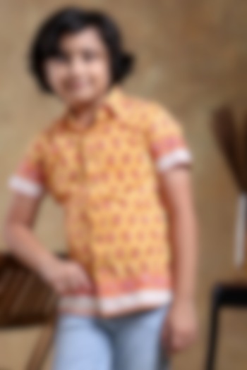 Mustard Cotton Hand Block Printed Shirt For Boys by POMCHA at Pernia's Pop Up Shop