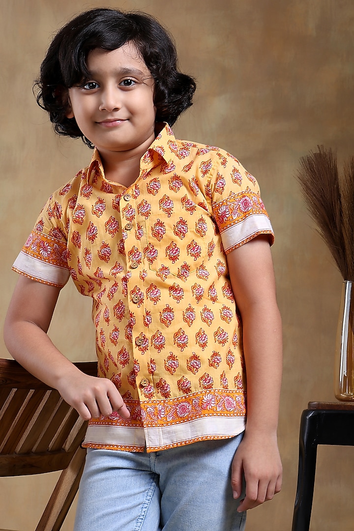 Mustard Cotton Hand Block Printed Shirt For Boys by POMCHA at Pernia's Pop Up Shop