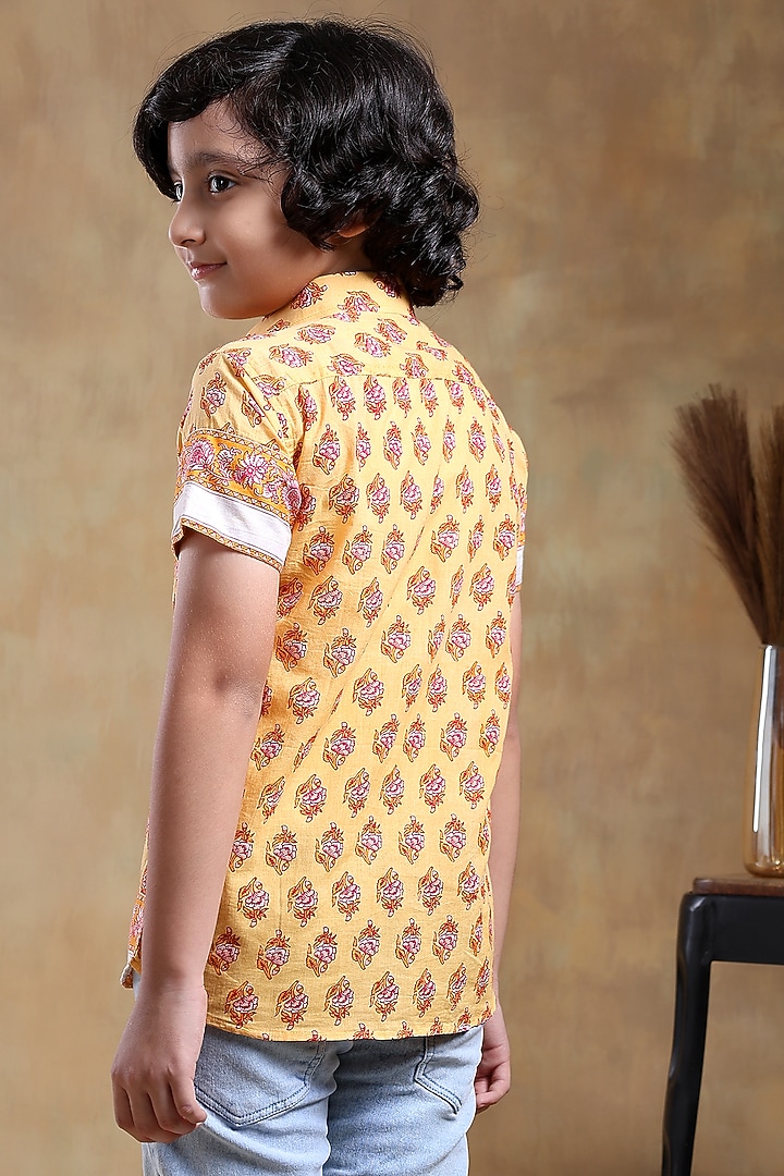 Mustard Cotton Hand Block Printed Shirt For Boys by POMCHA at Pernia's Pop Up Shop