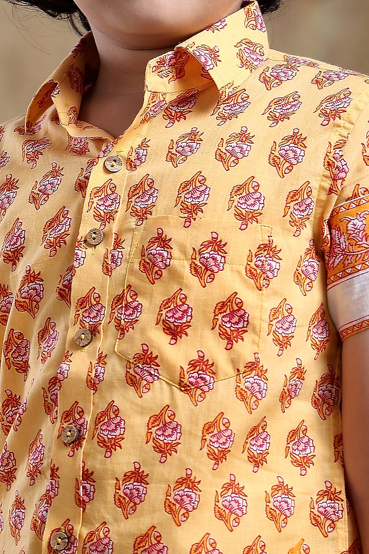 Mustard Cotton Hand Block Printed Shirt For Boys by POMCHA at Pernia's Pop Up Shop