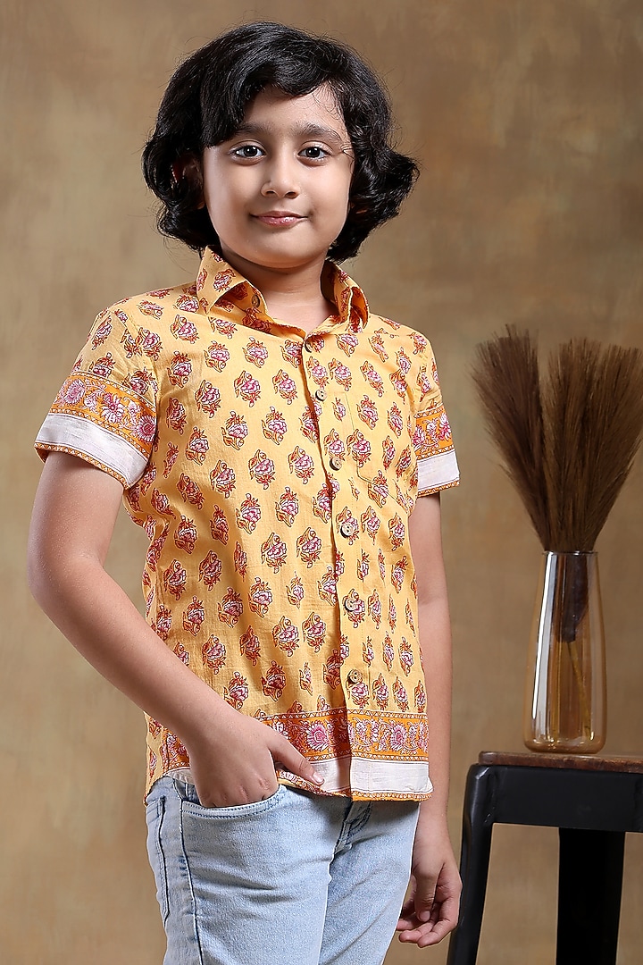 Mustard Cotton Hand Block Printed Shirt For Boys by POMCHA at Pernia's Pop Up Shop