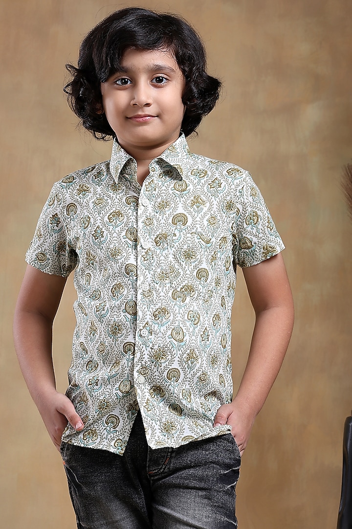 Green Cotton Hand Block Printed Shirt For Boys by POMCHA