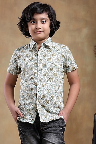 Green Cotton Hand Block Printed Shirt For Boys by POMCHA