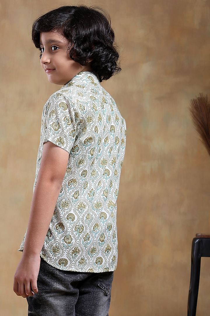 Green Cotton Hand Block Printed Shirt For Boys by POMCHA at Pernia's Pop Up Shop