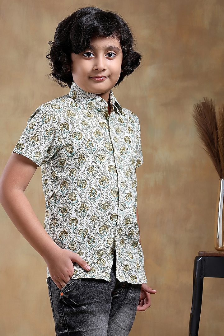 Green Cotton Hand Block Printed Shirt For Boys by POMCHA at Pernia's Pop Up Shop