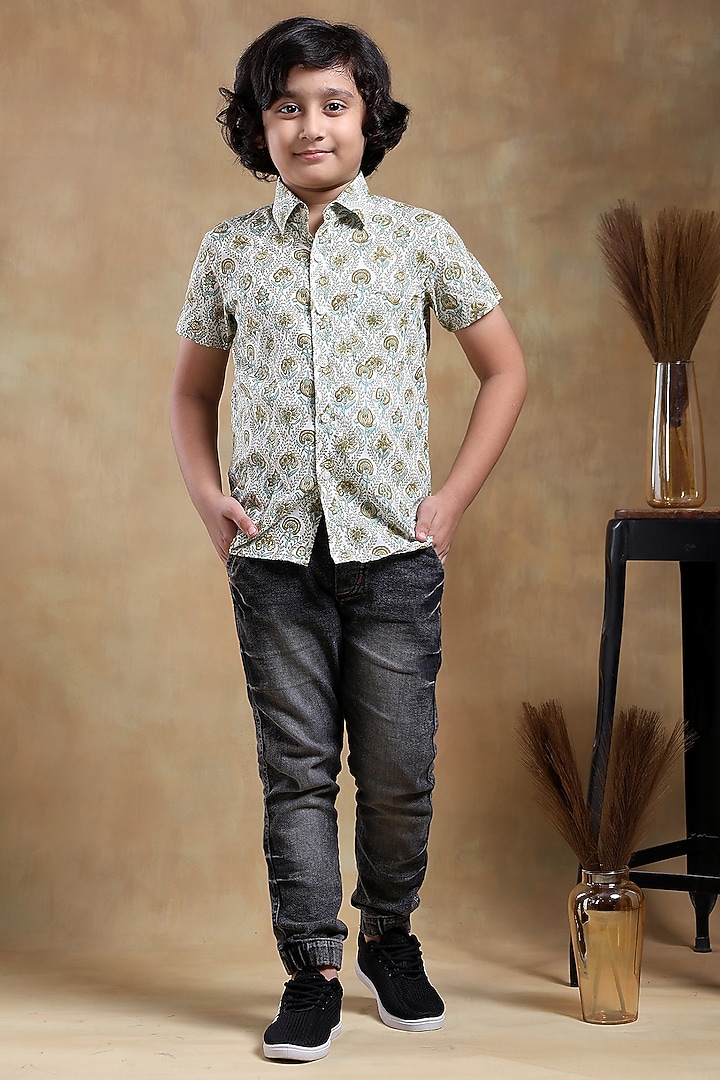 Green Cotton Hand Block Printed Shirt For Boys by POMCHA at Pernia's Pop Up Shop