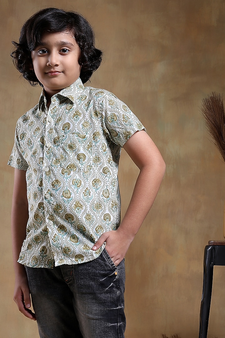 Green Cotton Hand Block Printed Shirt For Boys by POMCHA at Pernia's Pop Up Shop