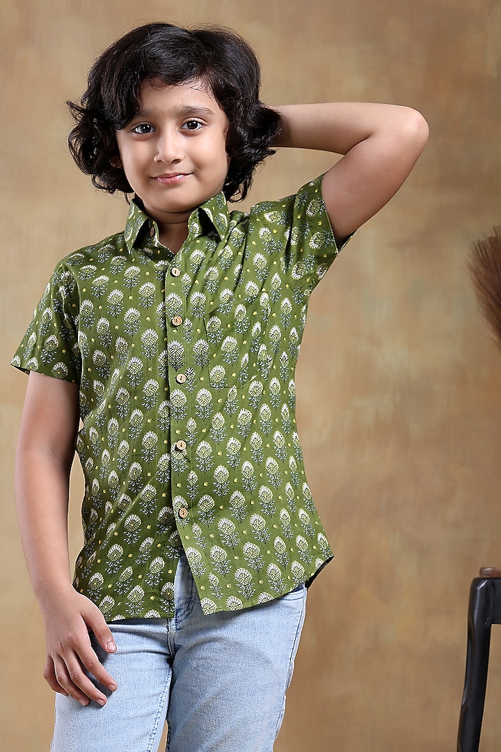 Green Cotton Hand Block Printed Shirt For Boys by POMCHA