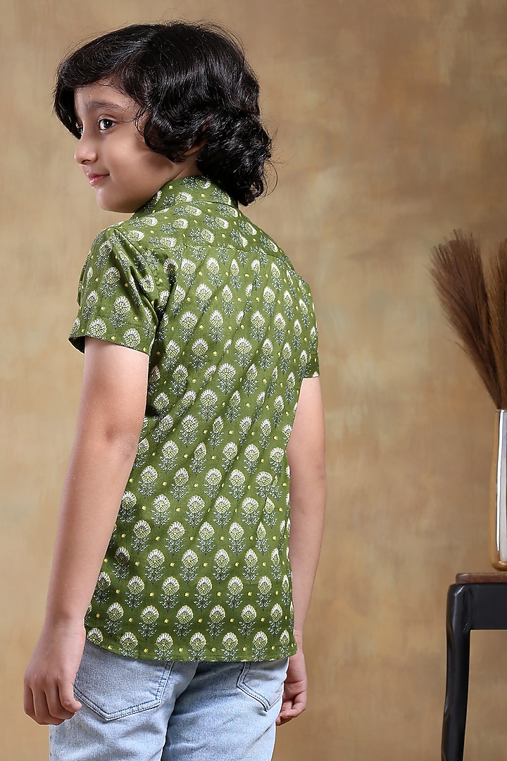 Green Cotton Hand Block Printed Shirt For Boys by POMCHA at Pernia's Pop Up Shop
