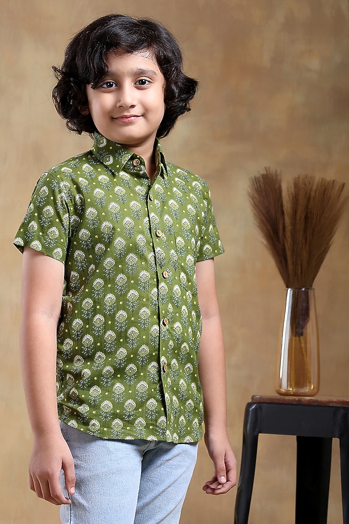 Green Cotton Hand Block Printed Shirt For Boys by POMCHA at Pernia's Pop Up Shop