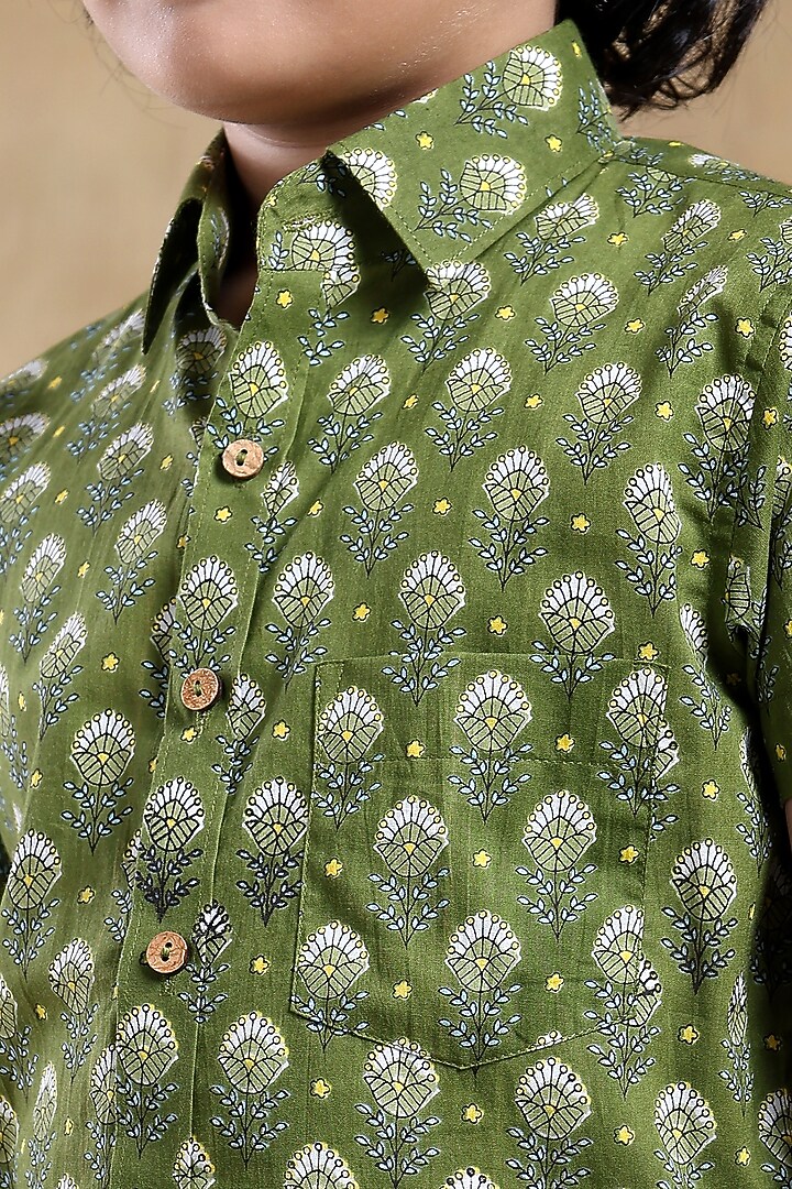 Green Cotton Hand Block Printed Shirt For Boys by POMCHA at Pernia's Pop Up Shop