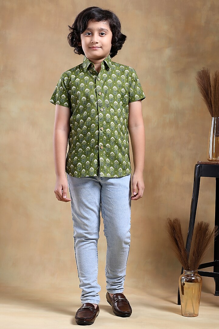 Green Cotton Hand Block Printed Shirt For Boys by POMCHA at Pernia's Pop Up Shop