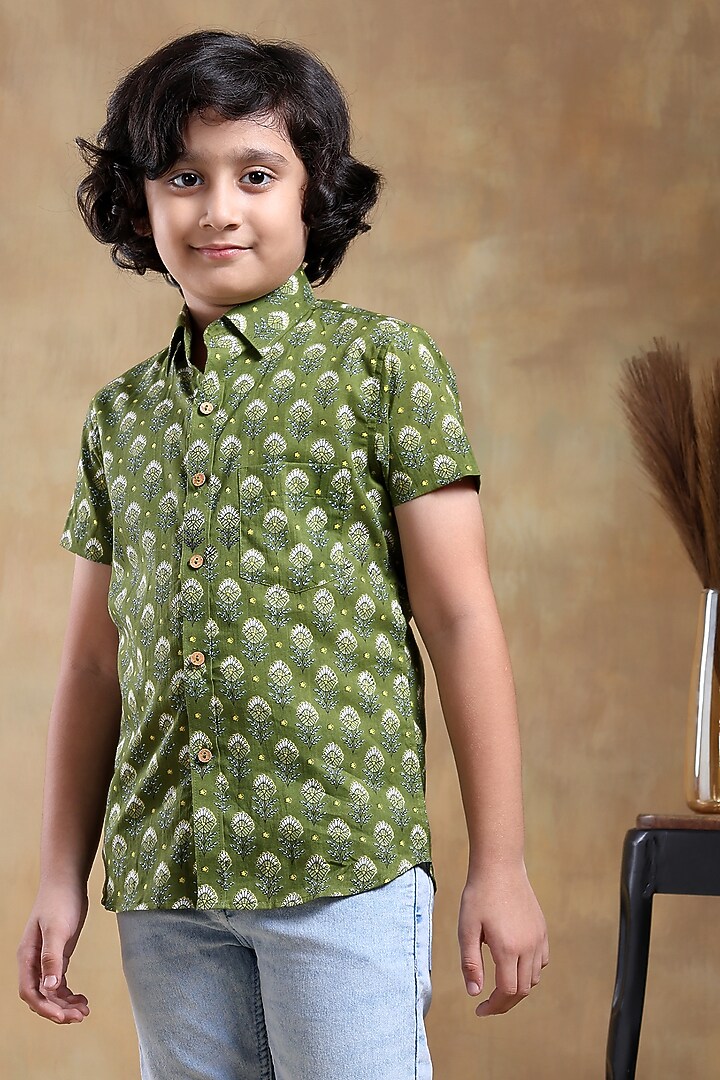 Green Cotton Hand Block Printed Shirt For Boys by POMCHA at Pernia's Pop Up Shop
