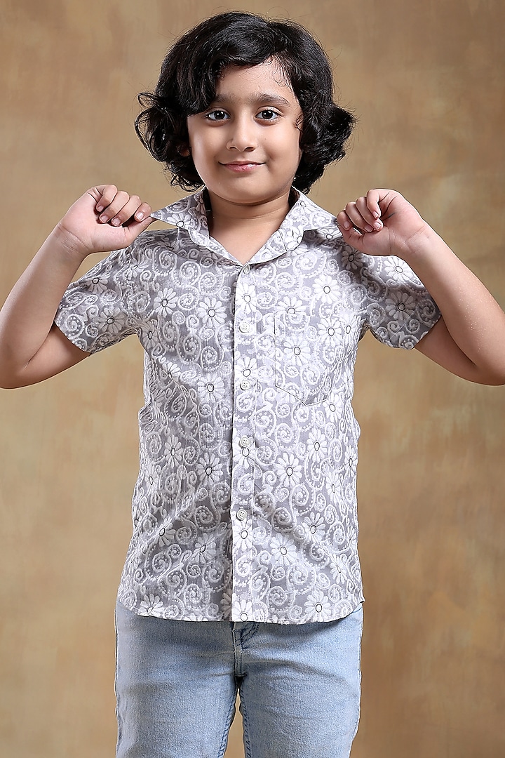 Grey Cotton Hand Block Printed Shirt For Boys by POMCHA at Pernia's Pop Up Shop