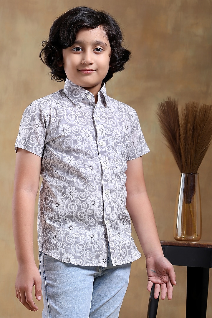Grey Cotton Hand Block Printed Shirt For Boys by POMCHA at Pernia's Pop Up Shop