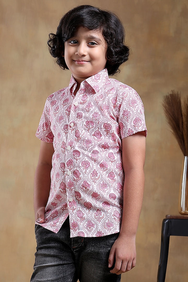 Pink Cotton Hand Block Printed Shirt For Boys by POMCHA