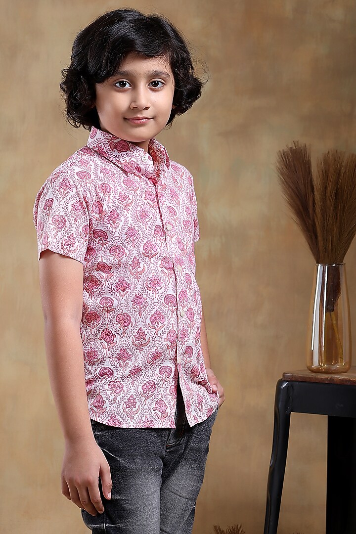 Pink Cotton Hand Block Printed Shirt For Boys by POMCHA at Pernia's Pop Up Shop