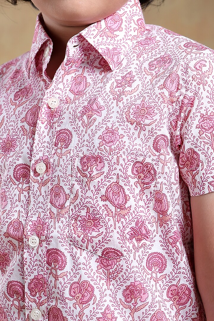 Pink Cotton Hand Block Printed Shirt For Boys by POMCHA at Pernia's Pop Up Shop
